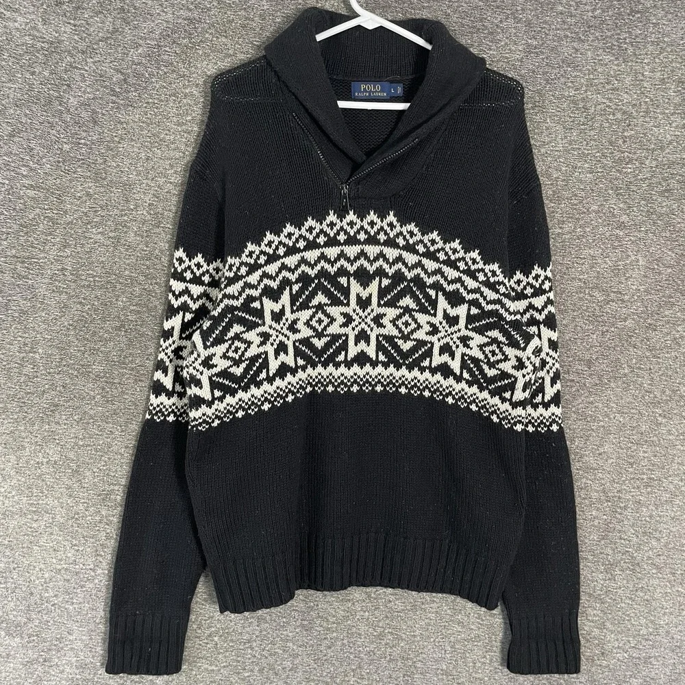 Polo Ralph Lauren Sweater Mens Large Black Fair Isle Knit 1/4 Zip Shawl Collar